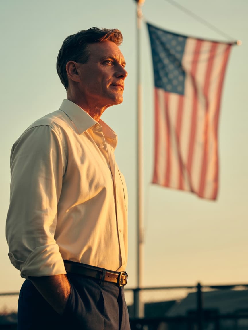 A veteran in civilian dress standing before an American flag at golden hour